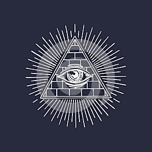 Freemasonry pyramid all-seeing eye. Engraving masonic logo. Vector Eye Of Providence illustration. Symbol Omniscience.