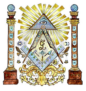 Watercolor illustration with freemason and mysterious symbols isolated on white photo