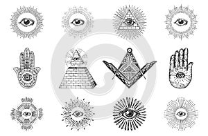 Freemasonry symbols set in vector, drawn sketches