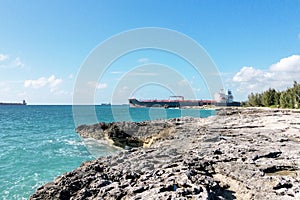 Freeport, Grand Bahama/Bahamas - Sep 01, 2016: Panoramic beach view with rocks and stones in Bahamas