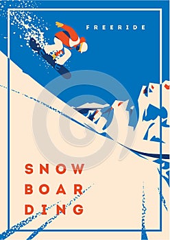 Freeride snowboarder in motion. Sport poster or emblem