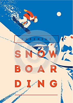 Freeride snowboarder in motion. Sport poster or emblem