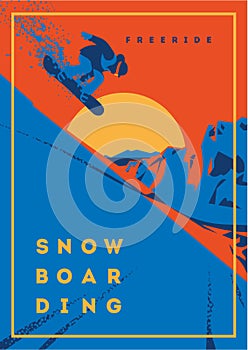 Freeride snowboarder in motion. Sport poster or emblem