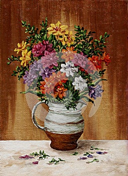 Freesia in a milk jug