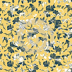 Freesia seamless vector pattern. Hand drawn delicate flowers in yellow, blue and white.