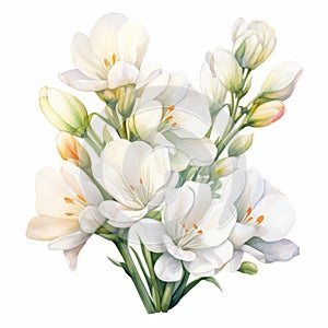 Freesia Watercolor Painting: White Beauty Flowers On White Background