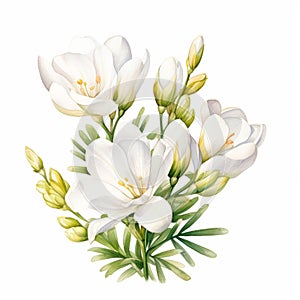 Freesia Watercolor Painting: White Wonder Flowers On White Background