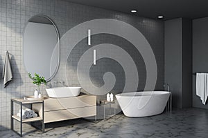 Freestanding bath with mirror in comfortable gray bathroom interior