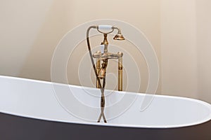 Freestanding bathtub in dark gray color, golden faucet mixer in retro style. Stylish bathroom luxury interior design