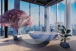 Freestanding granite bathtub in large loft apartment; luxury interior with indoor cherryblossom tree and panoramic skyline view;