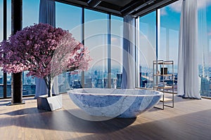 Freestanding marble bathtub in large loft apartment; luxury interior with indoor cherryblossom tree and panoramic skyline view; 3D