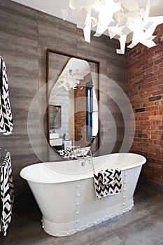 Freestanding vintage style bath tub in renovated warehouse apart