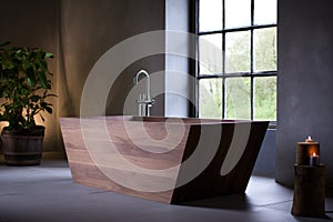 a freestanding wooden bath in a minimalist, modern bathroom