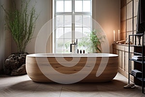 a freestanding wooden bath in a minimalist, modern bathroom