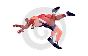 Freestyle fighters wrestling, competing in sports battle. International wrestlers fighting. Athlete attacking opponent