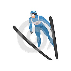 Freestyle Skier Jumping, Male Athlete Character in Sports Uniform, Active Sport Healthy Lifestyle Vector Illustration