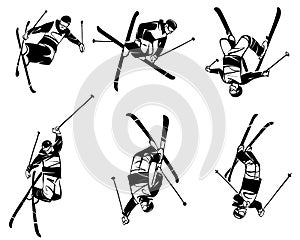 Freestyle skiing. Six skiers in flight. Hand drawn illustration