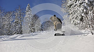 Freestyle snowboarder jump and ride