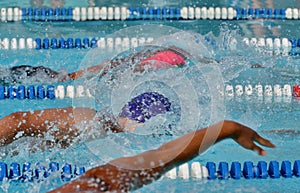 Freestyle swimmers in a close race at a swim meet
