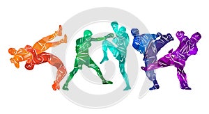 Freestyle wrestling, boxing, kickboxing, muay thai, karate, taekwondo, mixed martial arts vector colorful people silhouettes.