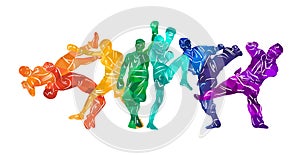 Freestyle wrestling, boxing, kickboxing, muay thai, karate, taekwondo, mixed martial arts vector colorful people silhouettes.