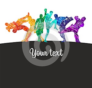 Freestyle wrestling, boxing, kickboxing, muay thai, karate, taekwondo, mixed martial arts vector colorful people silhouettes.