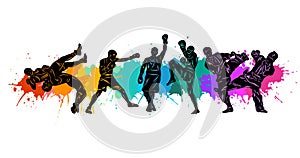 Freestyle wrestling, boxing, kickboxing, muay thai, karate, taekwondo, mixed martial arts vector colorful people silhouettes.