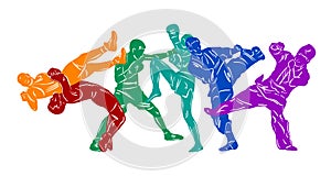 Freestyle wrestling, boxing, kickboxing, muay thai, karate, taekwondo, mixed martial arts vector colorful people silhouettes.