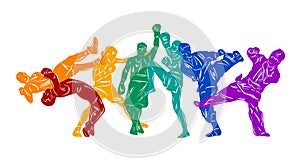 Freestyle wrestling, boxing, kickboxing, muay thai, karate, taekwondo, mixed martial arts vector colorful people silhouettes.