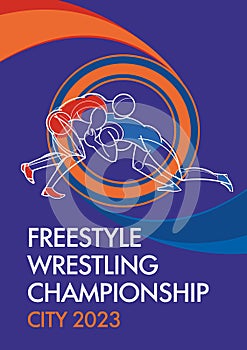 Freestyle Wrestling Championship. Drawn linear stylish athletes are fighting