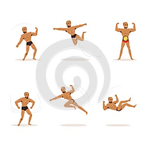 Freestyle Wrestling Fighter In Black Underwear Engaged in Violent Fight Vector Set