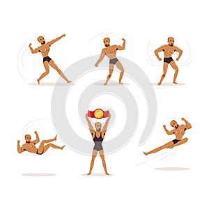 Freestyle Wrestling Fighter In Black Underwear Engaged in Violent Fight Vector Set