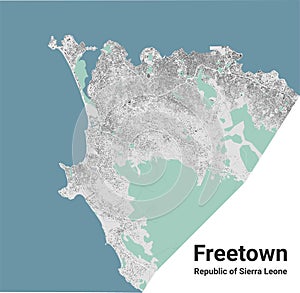 Freetown map, capital city of Sierra Leone. Municipal administrative area map with rivers and roads, parks and railways