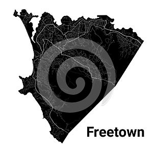 Freetown, Sierra Leone map. Detailed black map of Freetown city poster with roads. Cityscape urban vector. Black land with white