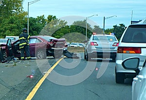 Freeway Collision with Police and Emergency Services in Action.