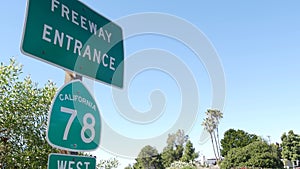 Freeway entrance sign on interchange crossraod in San Diego county, California USA. State Route highway 78 signpost plate. Symbol