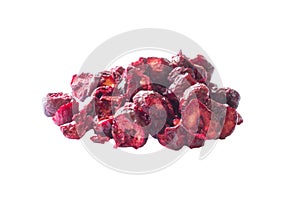 Freeze dried anf fresh cherry on a white background.