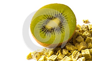 Freeze dried anf fresh kiwi on a white background.