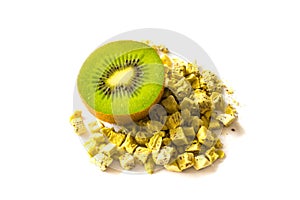 Freeze dried anf fresh kiwi on a white background. photo