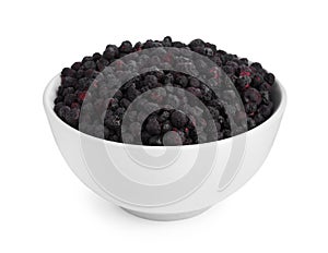 Freeze dried blueberries in bowl on white background