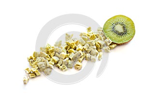 Freeze dried and fresh kiwi on a white background.