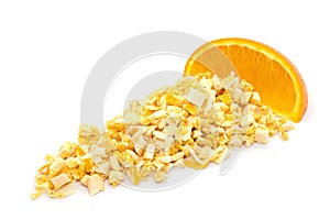 Freeze dried and fresh orange on a white background.