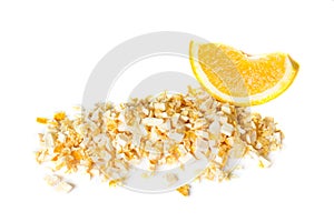 Freeze dried and fresh orange on a white background. photo