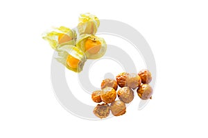 Freeze dried and fresh physalis on a white background.