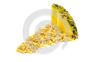 Freeze dried and fresh pineapple ananas on a white background.