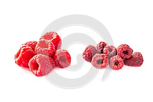 Freeze dried and fresh raspberries on a white background.