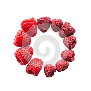 Freeze dried and fresh raspberry on a white background in the circle