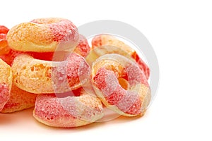 Freeze Dried Peach Ring Candies Isolated on a White Background