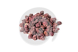 Freeze dried raspberries isolated on white background. Front views, close-up
