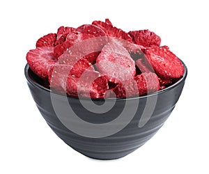 Freeze dried strawberries in bowl on white background